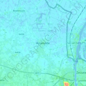Mappa topografica Assenede, altitudine, rilievo