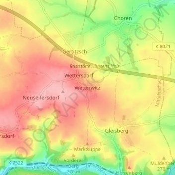 Mappa topografica Wetterwitz, altitudine, rilievo