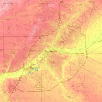 Mappa topografica Fort Wayne, altitudine, rilievo