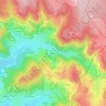 Mappa topografica Velay, altitudine, rilievo