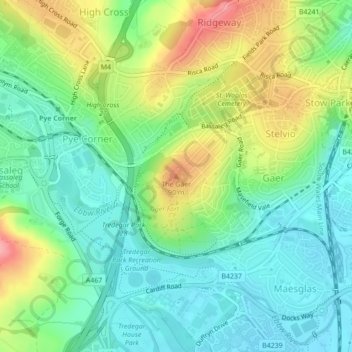 Mappa topografica The Gaer, altitudine, rilievo