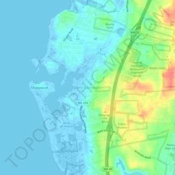 Mappa topografica West Falmouth, altitudine, rilievo