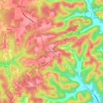 Mappa topografica Germantown, altitudine, rilievo