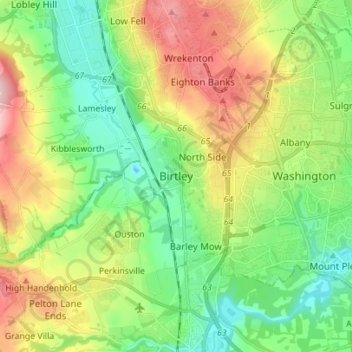 Mappa topografica Birtley, altitudine, rilievo