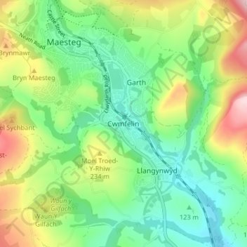 Mappa topografica Cwmfelin, altitudine, rilievo