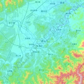 Mappa topografica 黄山市, altitudine, rilievo