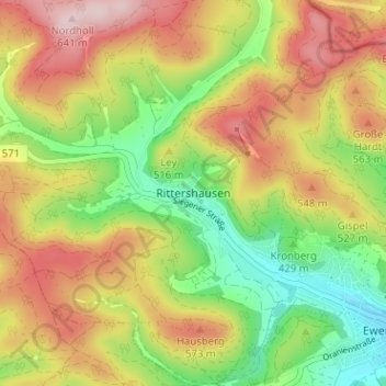 Mappa topografica Rittershausen, altitudine, rilievo