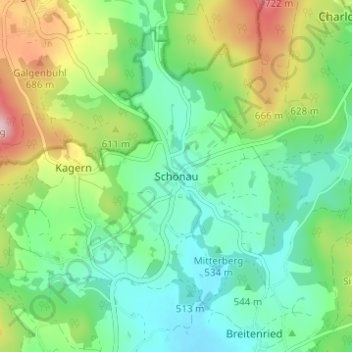 Mappa topografica Schönau, altitudine, rilievo