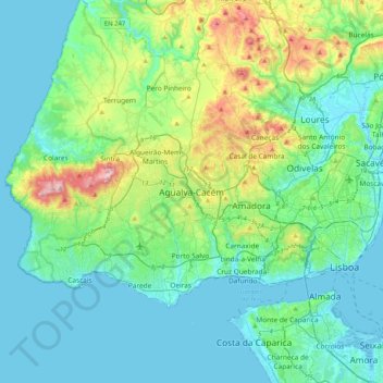 Mappa topografica Agualva-Cacém, altitudine, rilievo