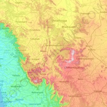 Mappa topografica Chikkamagaluru, altitudine, rilievo
