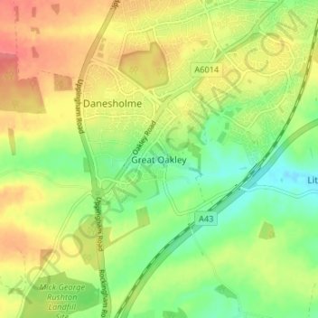 Mappa topografica Great Oakley, altitudine, rilievo