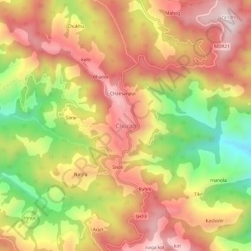 Mappa topografica Churag, altitudine, rilievo