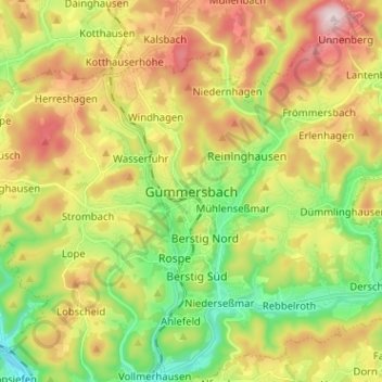 Mappa topografica Gummersbach, altitudine, rilievo
