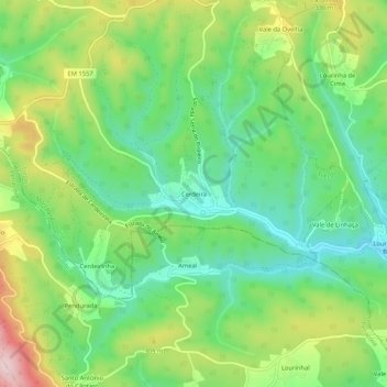 Mappa topografica Cerdeira, altitudine, rilievo