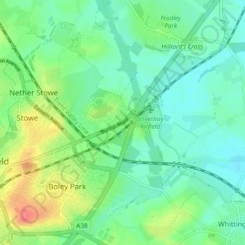 Mappa topografica Streethay, altitudine, rilievo