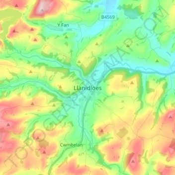 Mappa topografica Llanidloes, altitudine, rilievo
