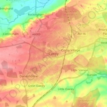 Mappa topografica Corby, altitudine, rilievo