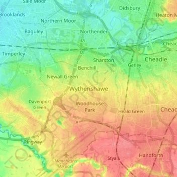 Mappa topografica Wythenshawe, altitudine, rilievo