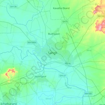 Mappa topografica Sangli, altitudine, rilievo