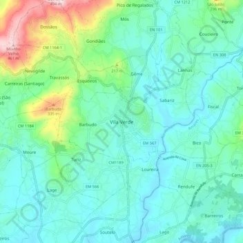 Mappa topografica Vila Verde, altitudine, rilievo
