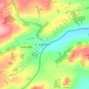 Mappa topografica Felinfach, altitudine, rilievo