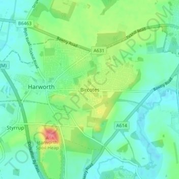 Mappa topografica Bircotes, altitudine, rilievo
