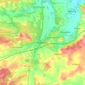 Mappa topografica Ollerton, altitudine, rilievo