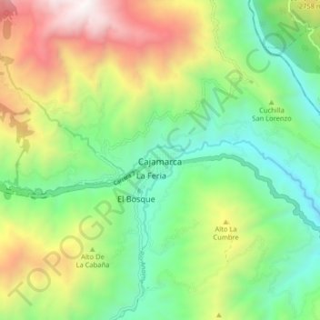 Mappa topografica Cajamarca, altitudine, rilievo