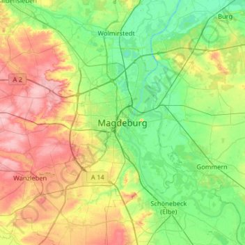 Mappa topografica Magdeburgo, altitudine, rilievo