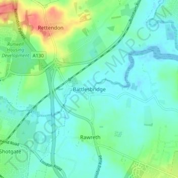 Mappa topografica Battlesbridge, altitudine, rilievo