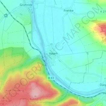 Mappa topografica Hajen, altitudine, rilievo