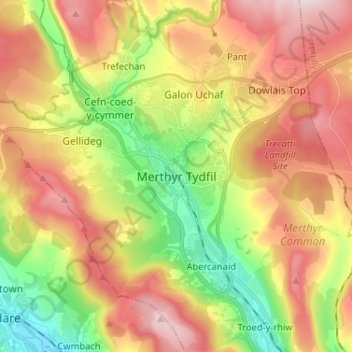Mappa topografica Merthyr Tydfil, altitudine, rilievo