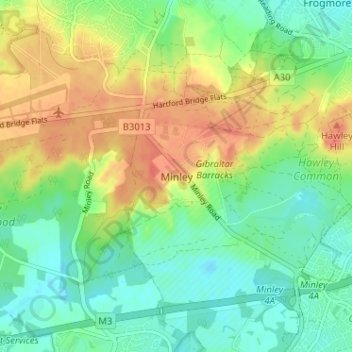 Mappa topografica Minley, altitudine, rilievo