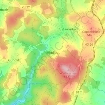 Mappa topografica Rindlas, altitudine, rilievo