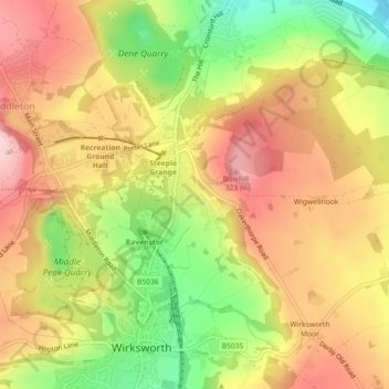 Mappa topografica Bolehill, altitudine, rilievo