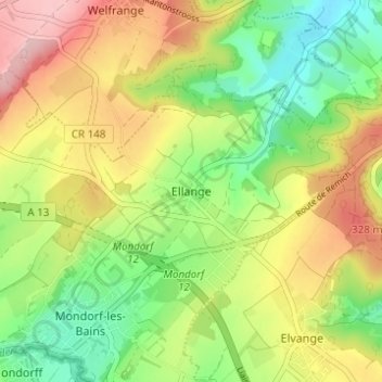 Mappa topografica Ellange, altitudine, rilievo