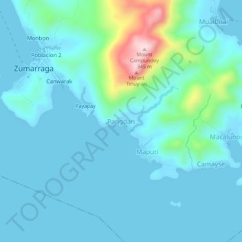 Mappa topografica Pangdan, altitudine, rilievo