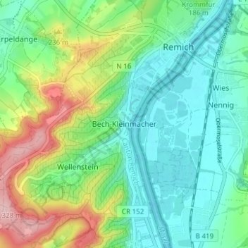 Mappa topografica Bech-Kleinmacher, altitudine, rilievo