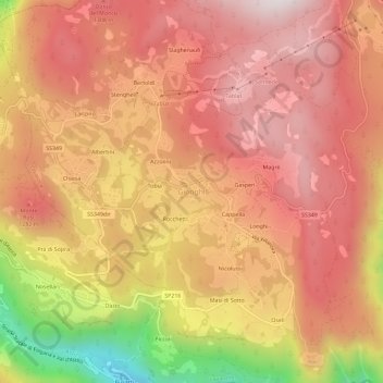Mappa topografica Gionghi, altitudine, rilievo