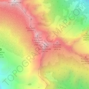 Mappa topografica Cima del Calvo centrale, altitudine, rilievo