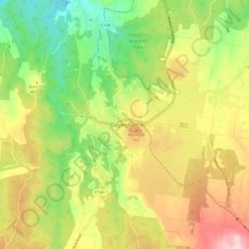 Mappa topografica Daylesford, altitudine, rilievo