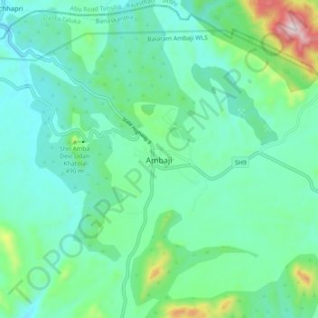 Mappa topografica Ambaji, altitudine, rilievo