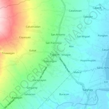 Mappa topografica Tigaon, altitudine, rilievo