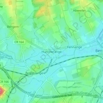 Mappa topografica Huncherange, altitudine, rilievo