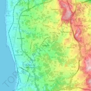 Mappa topografica Serzedo, altitudine, rilievo