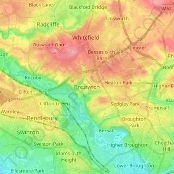 Mappa topografica Prestwich, altitudine, rilievo