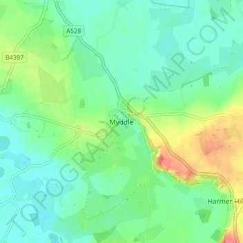 Mappa topografica Myddle, altitudine, rilievo