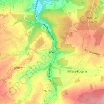 Mappa topografica Acoz, altitudine, rilievo