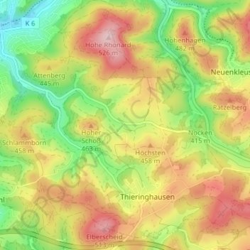 Mappa topografica Rhonard, altitudine, rilievo