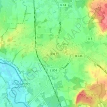 Mappa topografica Bork, altitudine, rilievo